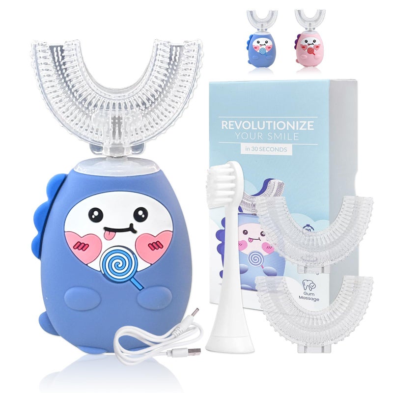 3PCS Kids Electric U Shaped Toothbrush, 360Âº Automatic Ultrasonic Toothbrush for Toddler & Children - Rechargeable Sonic Toothbrushes & Accessories with 2 Replacement Heads (Blue 2-12 Years Old)